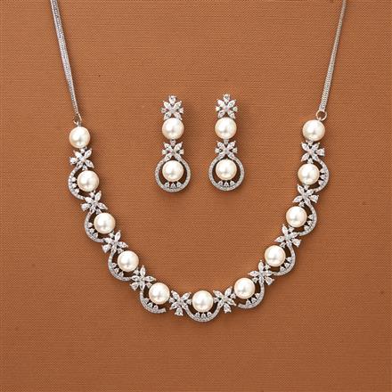 Cubic Zirconia Pearl Necklace With 2 Tone Rhodium Plating