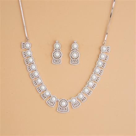 Cubic Zirconia Pearl Necklace Set With 2 Tone Rhodium Plating