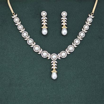 Cubic Zirconia Pearl Necklace Set With 2 Tone Rhodium Plating