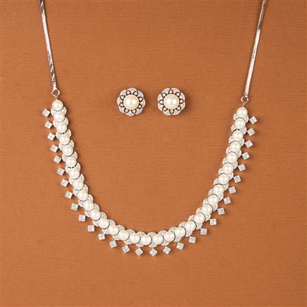 Cz Pearl Necklace With 2 Tone Rhodium Plating