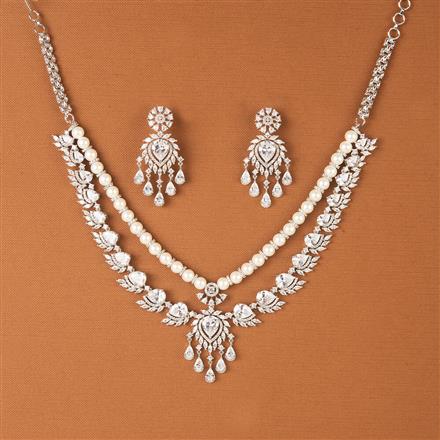 Cubic Zirconia 2 Line Necklace Set With Rhodium Plating