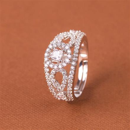 Cubic Zirconia Adjustable Ring With Mehndi 2 Tone Rhodium Plating