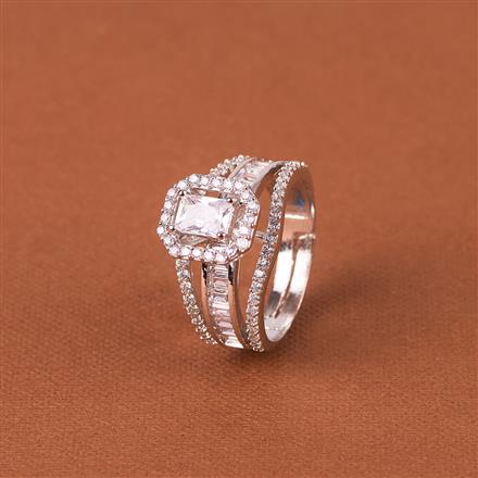 Cubic Zirconia Adjustable Ring With Mehndi 2 Tone Rhodium Plating