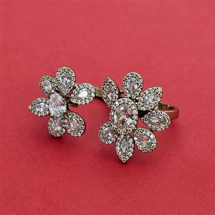 Cz Classic Ring With Mehndi 2 Tone Rhodium Plating