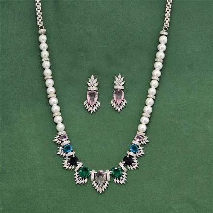 Cz Moti Necklace Set With Rhodium Plating