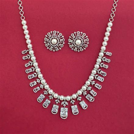 Cubic Zirconia Pearl Necklace With Rhodium Plating