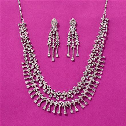 Cubic Zirconia 2 Line Necklace Set With Rhodium 2 Tone Plating