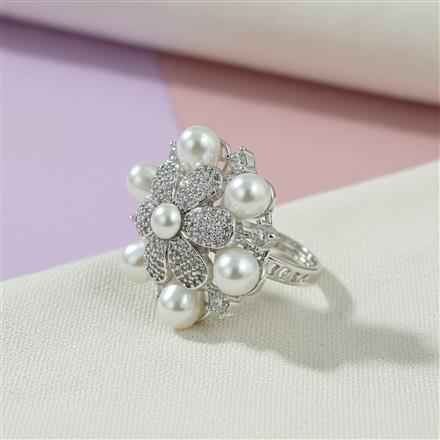 Cz Moti Ring With Rhodium 2 Tone Plating