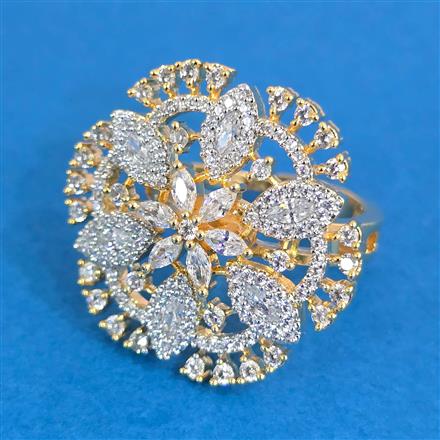 Cubic Zirconia Adjustable Ring With Mehndi 2tone Rhodium Plating