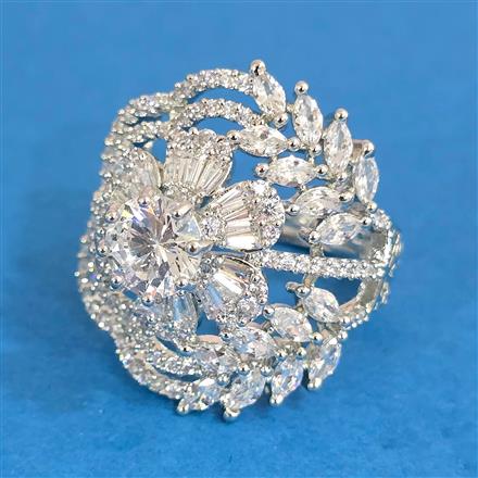 Cubic Zirconia Adjustable Ring With Mehndi 2tone Rhodium Plating