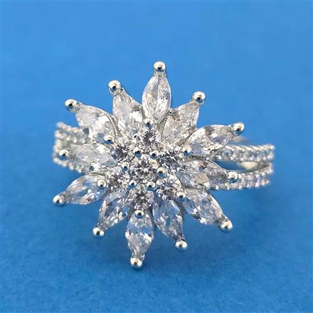 Cubic Zirconia Adjustable Ring With Mehndi 2 Tone Rhodium Plating
