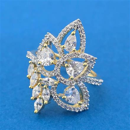 Cubic Zirconia Adjustable Ring With Mehndi 2 Tone Rhodium Plating