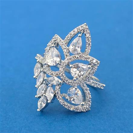 Cubic Zirconia Adjustable Ring With Mehndi 2 Tone Rhodium Plating