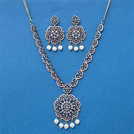 Cz Classic Necklace Set With Black Rose 2 Tone Rhodium Plating