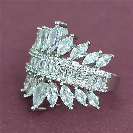 Cz Adjustable Ring With Mehndi 2 Tone Rhodium Plating