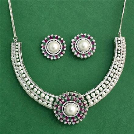Cz Moti Necklace Set With Rhodium Plating