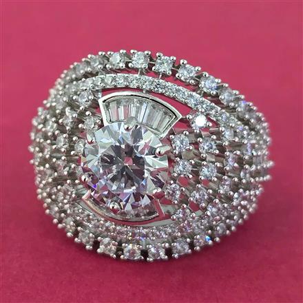 Cz Adjustable Ring With Mehndi 2 Tone Rhodium Plating