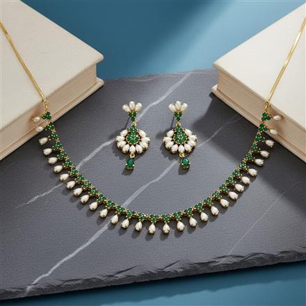 Cz Moti Necklace Set With Gold Plating
