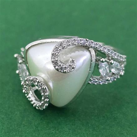 Cubic Zirconia Adjustable Ring With Mehndi 2 Tone Rhodium Plating