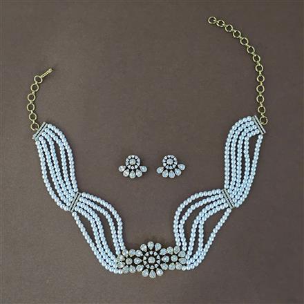 Cz Moti Necklace Set With Mehndi 2 Tone Rhodium Plating