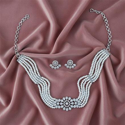 Cz Moti Necklace Set With Mehndi 2 Tone Rhodium Plating