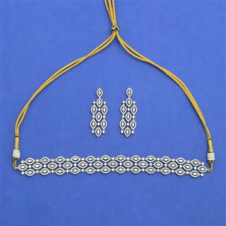 Cubic Zirconia Choker Necklace Set With Mehndi 2 Tone Rhodium Plating
