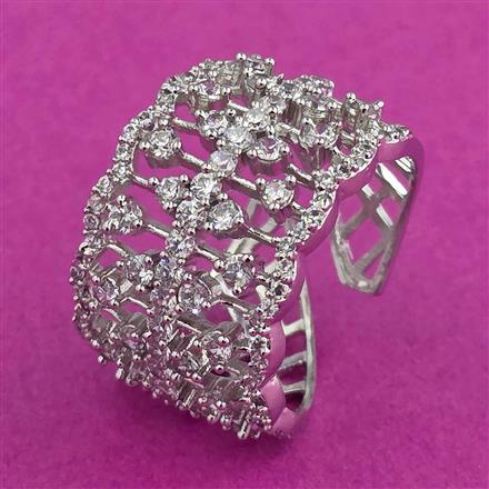 Cubic Zirconia Adjustable Ring With Mehndi 2 Tone Rhodium Plating
