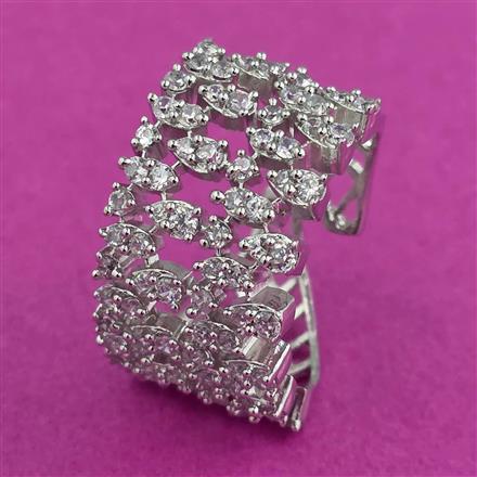 Cubic Zirconia Adjustable Ring With Mehndi 2 Tone Rhodium Plating