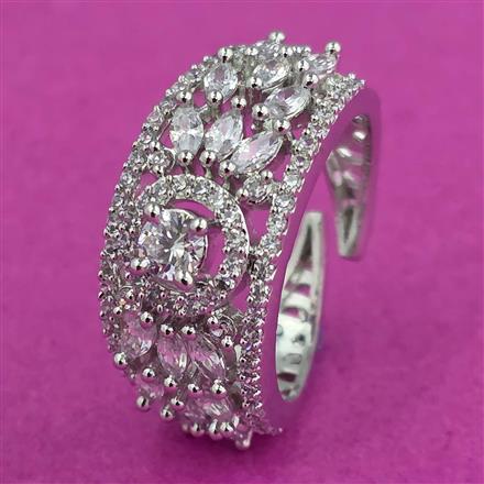 Cubic Zirconia Adjustable Ring With Mehndi 2 Tone Rhodium Plating
