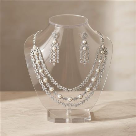 Cz Moti Necklace Set Set With 2 Tone Rhodium Plating