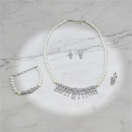 American Diamond Moti Pendant Set With 2 Tone Rhodium Plating