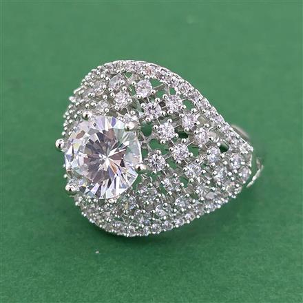 Cz Adjustable Ring With Mehndi 2 Tone Rhodium Plating