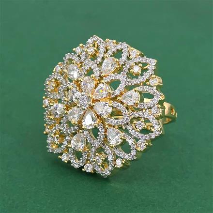 Cz Adjustable Ring With Mehndi 2 Tone Rhodium Plating