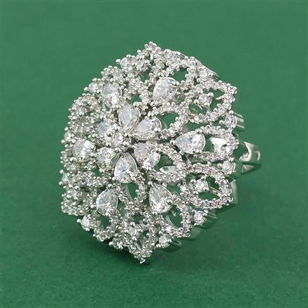 Cz Adjustable Ring With Mehndi 2 Tone Rhodium Plating