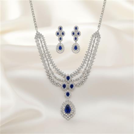 Cz 3 Line Necklace Set With Rhodium Plating