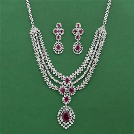 Cz 3 Line Necklace Set With Rhodium Plating