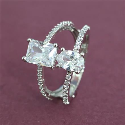 Cz Adjustable Ring With Mehndi 2 Tone Rhodium Plating