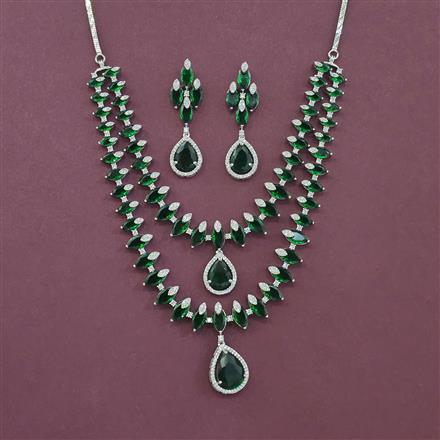 Cz 2 Line Necklace Set With Rhodium Plating