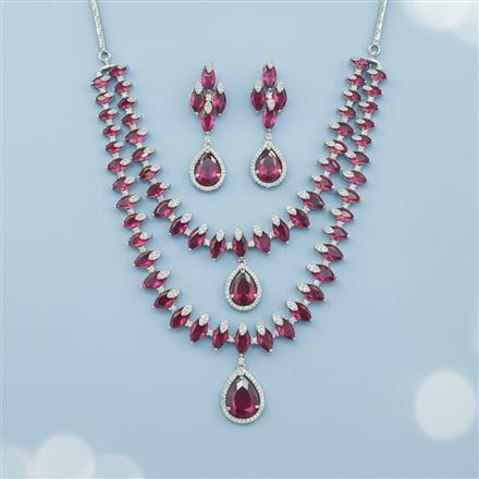 Cz 2 Line Necklace Set With Rhodium Plating