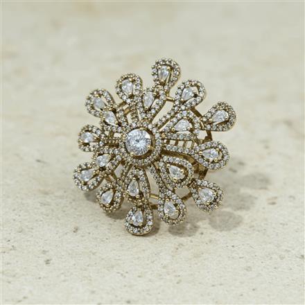 Cz Adjustable Ring With Mehndi 2 Tone Rhodium Plating