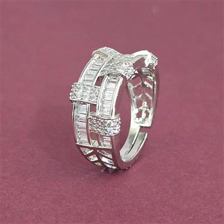 Cubic Zirconia Adjustable Ring With Mehndi 2 Tone Rhodium Plating