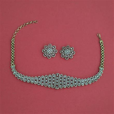 Cz Choker Necklace Set With 2 Tone Mehndi Rhodium Plating