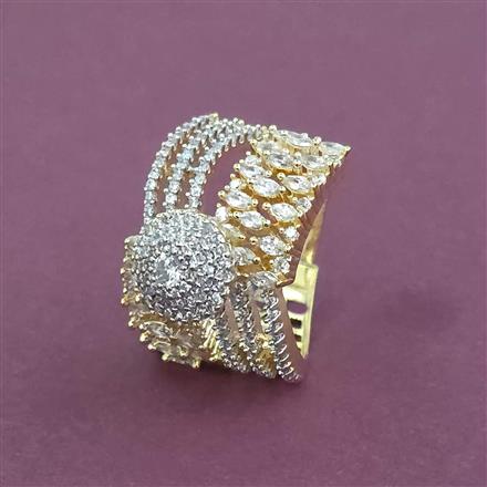 Cz Adjustable Ring With Mehndi 2 Tone Rhodium Plating