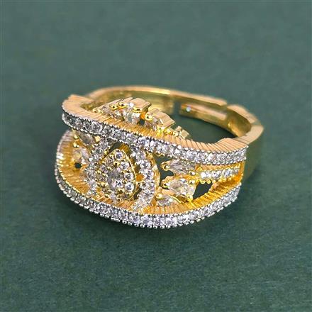 Cz Adjustable Ring With Mehndi 2 Tone Rhodium Plating