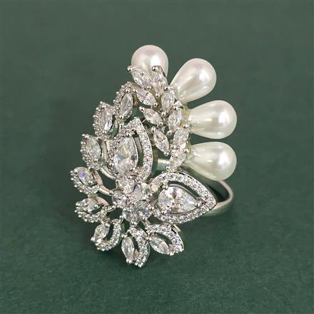 Cz Adjustable Ring With Mehndi 2 Tone Rhodium Plating