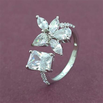 Cz Adjustable Ring With Mehndi 2 Tone Rhodium Plating