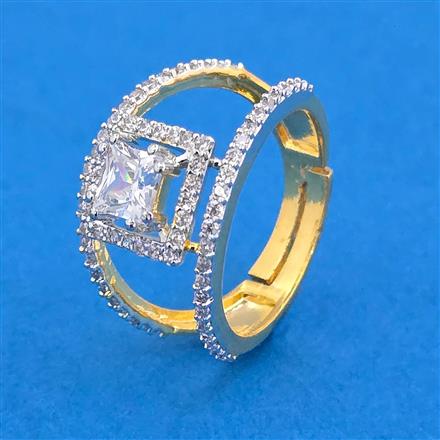 Cubic Zirconia Adjustable Ring With Mehndi 2 Tone Rhodium Plating