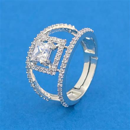 Cubic Zirconia Adjustable Ring With Mehndi 2 Tone Rhodium Plating