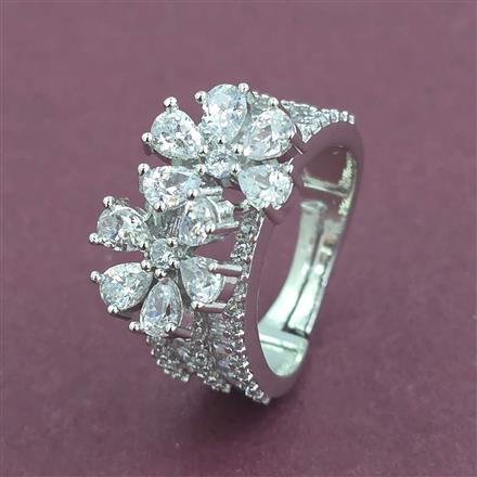 Cz Adjustable Ring With Mehndi 2 Tone Rhodium Plating