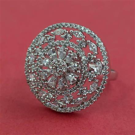 Cubic Zirconia Adjustable Ring With Mehndi 2 Tone Rhodium Plating